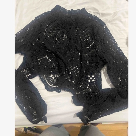 Luxe Sheer Mock neck Flared Long Sleeve Lace Blouse - Picture 4 of 9